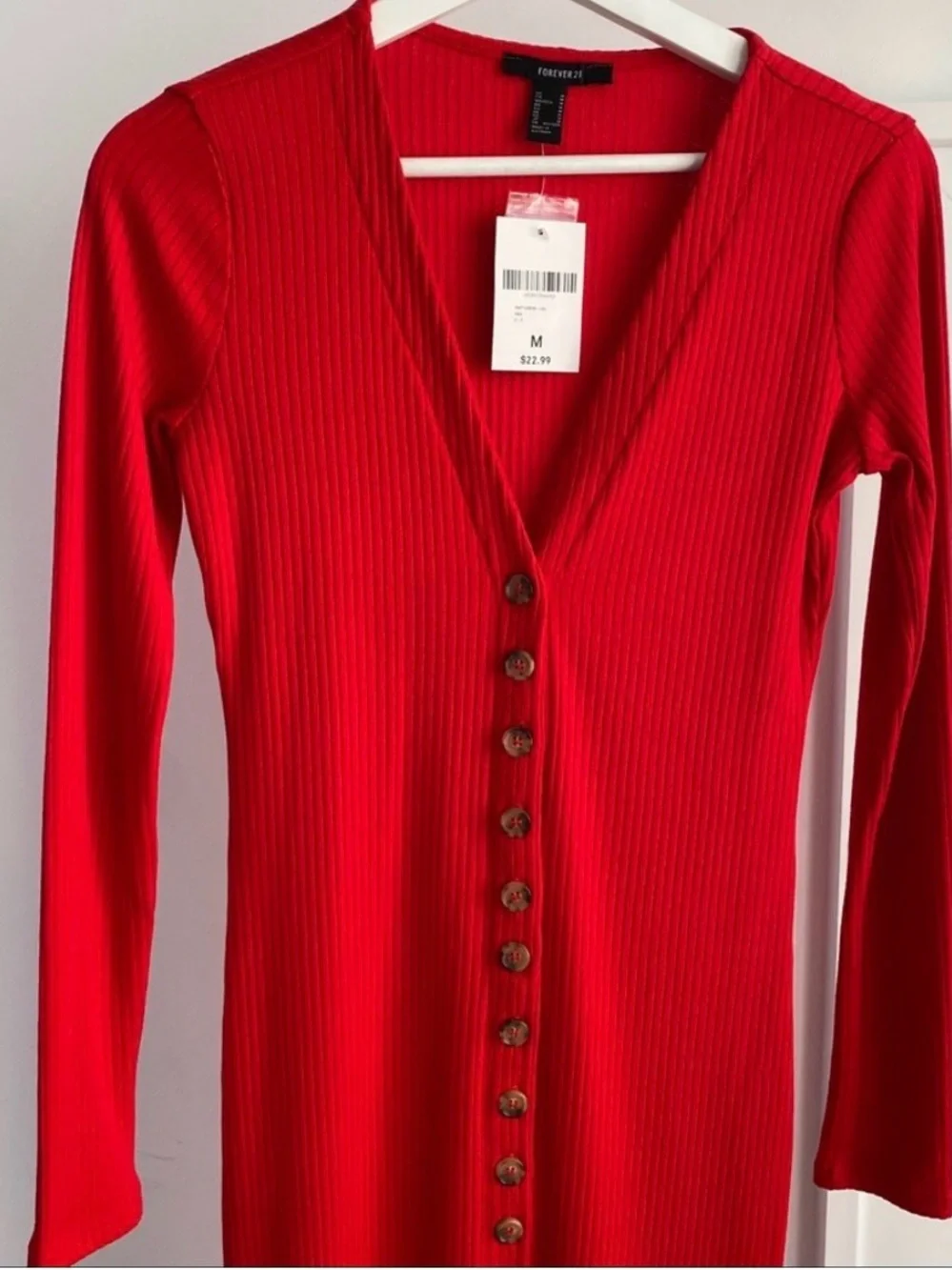 Forever 21 Ribbed Knit Fitted Button Down Midi Dress Red Medium M - Picture 2 of 5